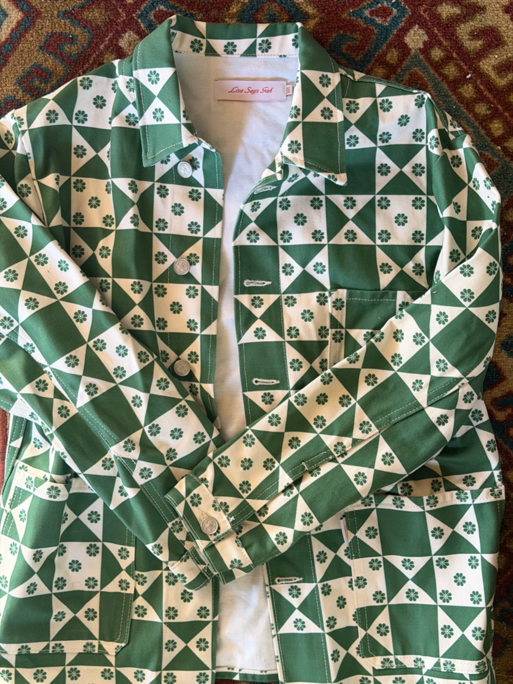 Lisa Says Gah Green and White Geometric Patchwork Jean Jacket - Picture 6 of 7